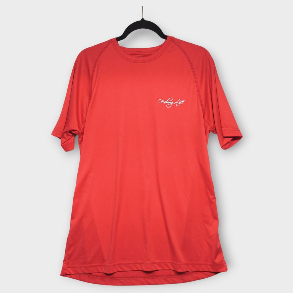 Men's Red Fishing Life Blocks 97% UV Rays Short Sleeve Shirt Size Medium
